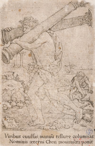 Hércules carregando as colunas de Gades, da série:  Os Trabalhos de Hércules (12) de Heinrich Aldegrever