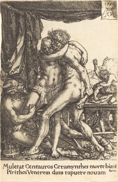 Hércules prevenindo os centauros do estupro de Hippodamia, 1550. de Heinrich Aldegrever