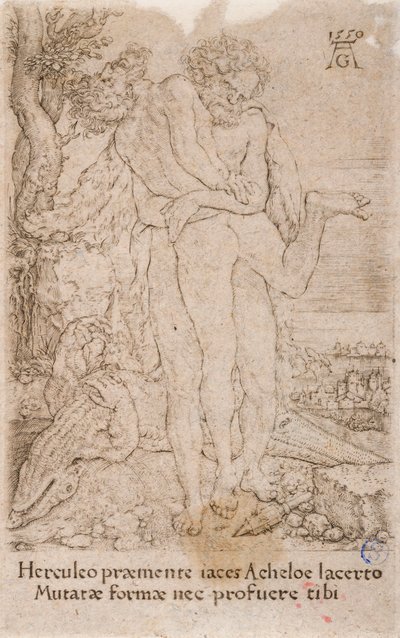 Hércules a lutar contra o deus-rio Aqueloso, da série:  Os Trabalhos de Hércules (7) de Heinrich Aldegrever
