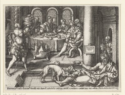 Lázaro a implorar à porta do homem rico
Parábola de Lázaro e o homem rico (título da série) de Heinrich Aldegrever