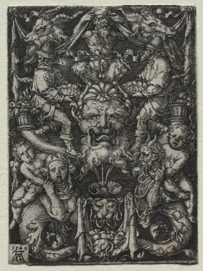 Design de ornamento com uma máscara, um par de tritões e dois filhos abaixo, 1549. de Heinrich Aldegrever