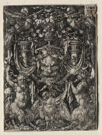 Projeto do ornamento com uma máscara e uma águia entre dois Faun abaixo, 1509. de Heinrich Aldegrever