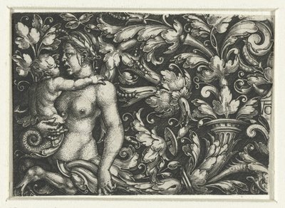 Ornamento com pergaminhos foliados e um tritão feminino com criança de Heinrich Aldegrever