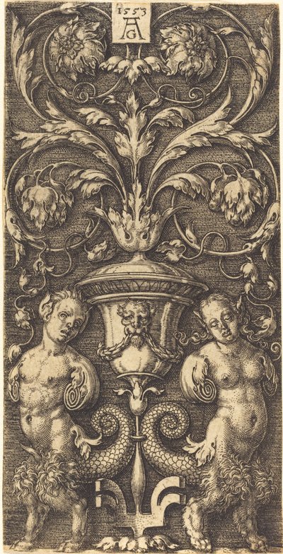 Ornamento com vaso e duas figuras femininas, 1553. de Heinrich Aldegrever
