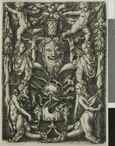 Projeto ornamental com um casal de sátiros, crianças e um troféu de Heinrich Aldegrever
