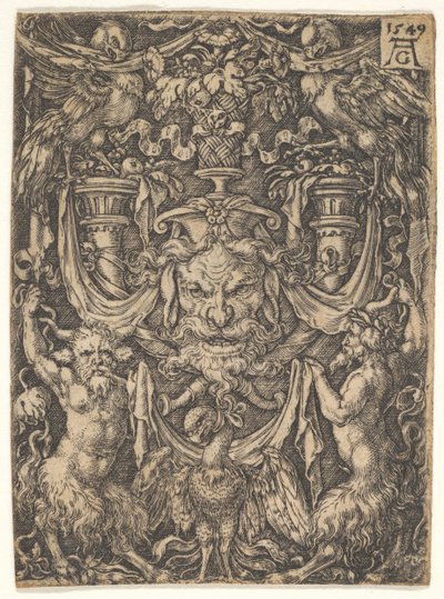 Projeto decorativo com uma máscara e uma águia entre dois faunos abaixo, 1549. de Heinrich Aldegrever