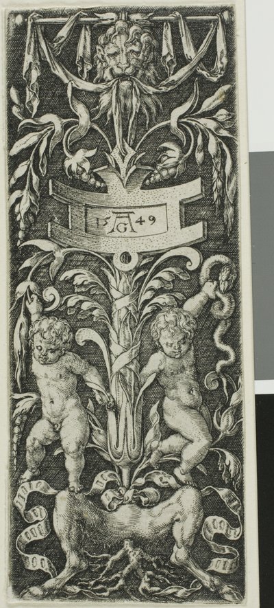 Painel de ornamento com dois rapazes nus apoiados nas pernas de um sátiro de Heinrich Aldegrever