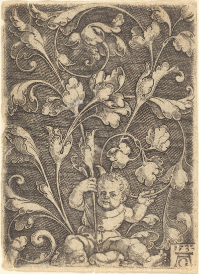 Ornamento de rolagem com criança sentada de Heinrich Aldegrever