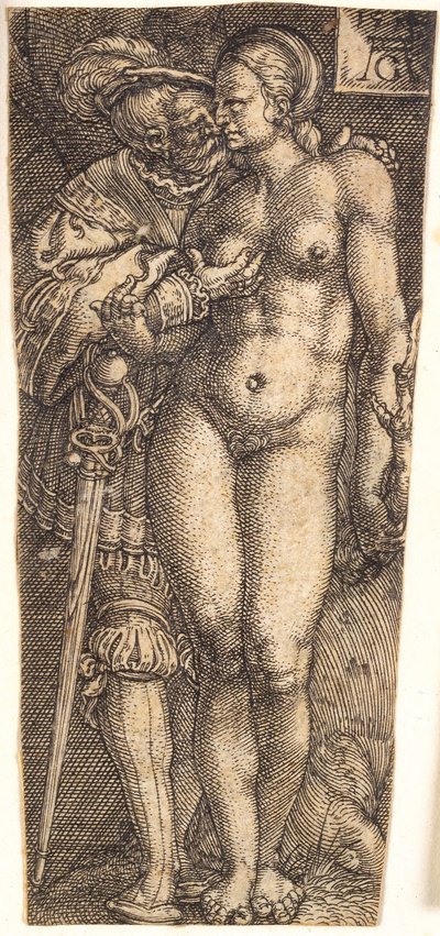 Design de bainha com soldado e mulher nua de Heinrich Aldegrever