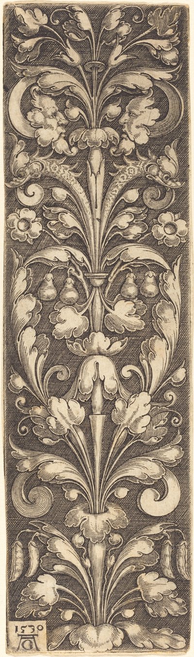 Raminho de folhagem ornamental com duas máscaras e dois golfinhos, 1530. de Heinrich Aldegrever