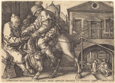 O Bom Samaritano Pagando as Hospedagens do Viajante, 1554. de Heinrich Aldegrever