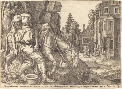 O bom samaritano colocando o viajante em uma mula de Heinrich Aldegrever