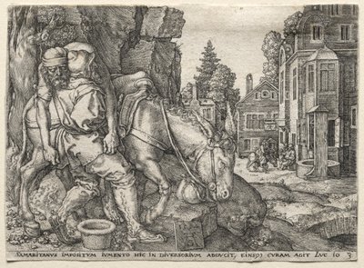 A Parábola do Bom Samaritano: O Bom Samaritano Colocando o Viajante em Seu Burro de Heinrich Aldegrever