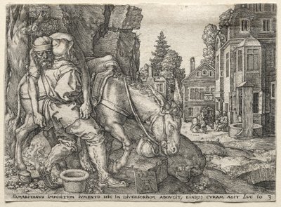 A Parábola do Bom Samaritano: O Bom Samaritano Colocando o Viajante no Burro, 1554. de Heinrich Aldegrever