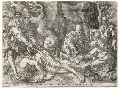 A parábola do bom samaritano: os ladrões que atacam os viajantes, 1554. de Heinrich Aldegrever