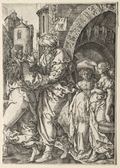 A história de Ló: Ló e sua família fogem de Sodoma, 1555. de Heinrich Aldegrever