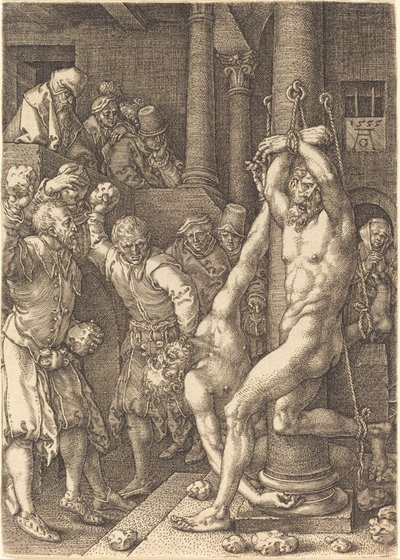 Os dois anciãos apedrejados pelo povo, 1555. de Heinrich Aldegrever