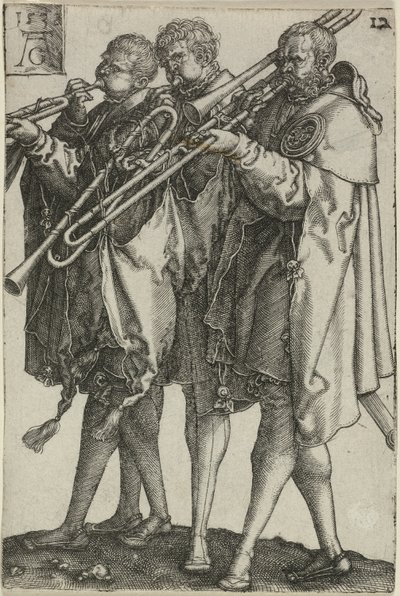 Três Trombonistas, prato doze de The Large Wedding-Dancers de Heinrich Aldegrever