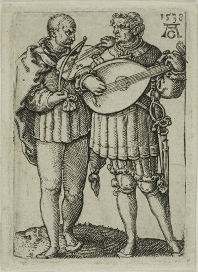 Dois músicos tocando violino e alaúde, prato um dos pequenos dançarinos de casamento de Heinrich Aldegrever
