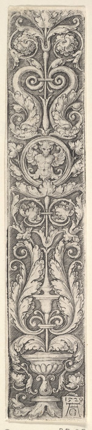 Painel Vertical com Candelabro contendo Medalhão com Centauro e Par de Dolp..., 1529. de Heinrich Aldegrever