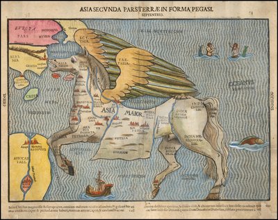 Ca. Mapa pictórico de 1581 de Heinrich Bünting, representando a Ásia como Pégaso de Heinrich Bünting