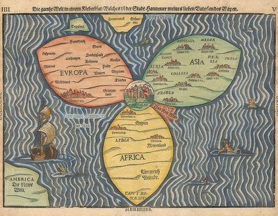 Três continentes do mundo como um trevo, com Jerusalém no centro. 1581 de Heinrich Bünting
