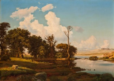 Dinamarquês: Paisagem dinamarquesa, carvalhos junto a um lago. Paisagem dinamarquesa, carvalhos junto a um lago. de Heinrich Buntzen