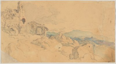 Paisagem montanhosa com cabana e ruínas de Heinrich Burkel