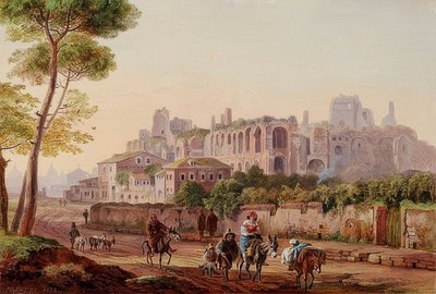 Cena romana de rua em frente ao Monte Palatino. 1832 de Heinrich Burkel