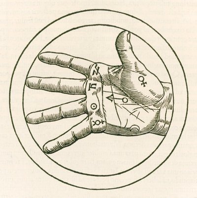 A mão da quiromancia gravura de Heinrich Cornelius Agripa de Nettesheim (1486-1535) De occulta philosophia libri tres (Três Livros de Filosofia Oculta) publicado em 1533. de Heinrich Cornelius Agrippa von Nettesheim