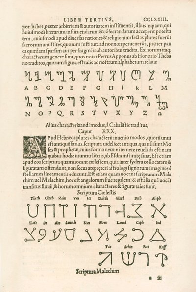 Alfabeto Tebano (Alfabeto Honoriano ou as Runas de Honório) e Alfabeto Celestial (Scriptura Malachim ou Escrita Angélica) Gravura de Heinrich Cornelius Agripa de Nettesheim (1486-1535) De occul de Heinrich Cornelius Agrippa von Nettesheim