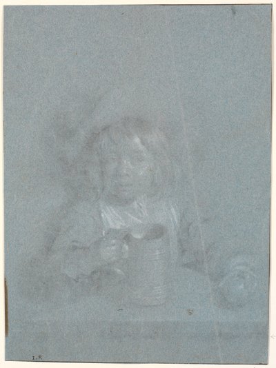 Um menino em uma mesa com uma maçã e uma caneca nas mãos de Heinrich Dittmers