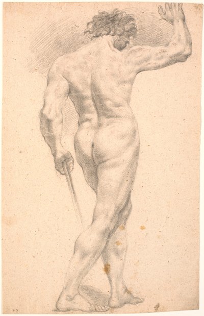 Modelo masculino em pé, visto de costas, com a mão direita levantada de Heinrich Dittmers