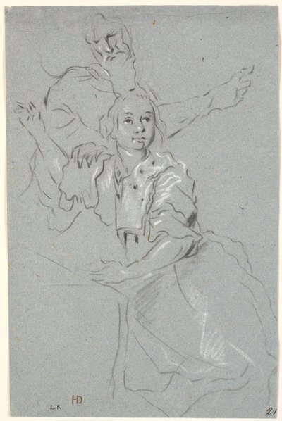 Estudo de mulher com braço levantado, atrás dela um velho barbudo de Heinrich Dittmers