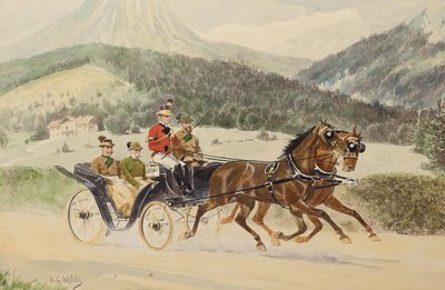 Imperador Franz Joseph I da Áustria e Arquiduque Franz Ferdinand em uma carruagem, de 1900 a 1910. de Heinrich Gottfried Wilda