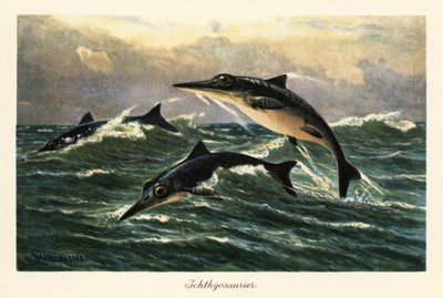 Ictiossauros extintos saltando acima do oceano. de Heinrich Harder