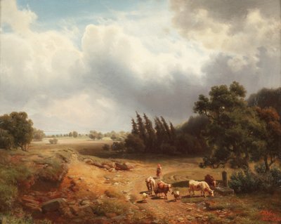 Paisagem arborizada com uma pastora e seu gado, 1862 de Heinrich Hofer