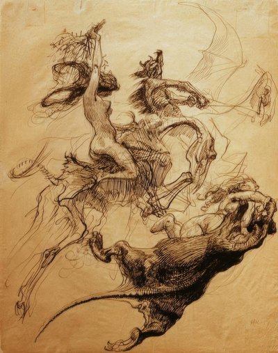 Mulher nua cavalgando no esqueleto e diabo no pterodátilo de Heinrich Kley