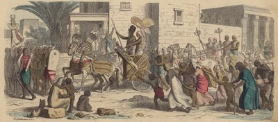 Um faraó egípcio antigo que partiu para a guerra (gravura colorida) de Heinrich Leutemann