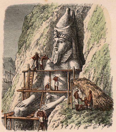 Egito Antigo: Escultura de uma estátua do Templo de Abu Simbel, 1866 de Heinrich Leutemann