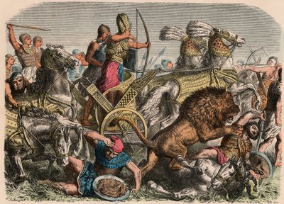 Egito Antigo: Faraó Ramsés II lutando contra os leões de guerra do exército hitita em Qadesh, 1274 aC, 1866 de Heinrich Leutemann