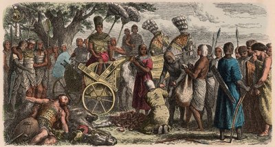 Egito Antigo: os prisioneiros levaram diante do vitorioso faraó Ramsés II, para cortar as mãos, 1866 de Heinrich Leutemann