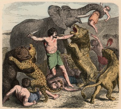 Roma Antiga: Criminosos sendo atacados por animais selvagens, 1866 de Heinrich Leutemann