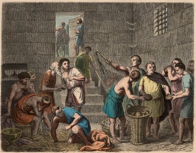 Roma antiga: distribuição de comida aos escravos à noite, 1866 de Heinrich Leutemann