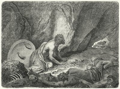 Aristómenes fugindo do poço para onde tinha sido atirado pelos espartanos (gravura) de Heinrich Leutemann