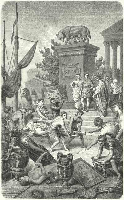 Chegada das obras de arte gregas antigas levadas a Roma (gravura) de Heinrich Leutemann