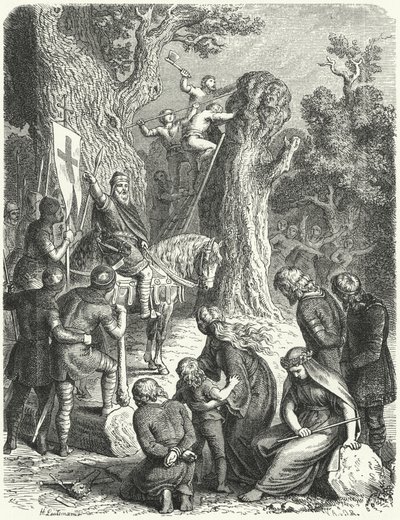 Carlos Magno ordena o corte do Irmensaule, carvalho sagrado dos Saxões, 772 (gravura) de Heinrich Leutemann