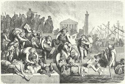Partida de uma frota de Vandalismo carregada de saque de uma cidade saqueada (gravura) de Heinrich Leutemann