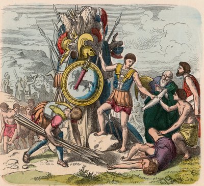 A Grécia na época das Repúblicas: Os vitoriosos erguem sinais da sua vitória no campo de batalha. de Heinrich Leutemann