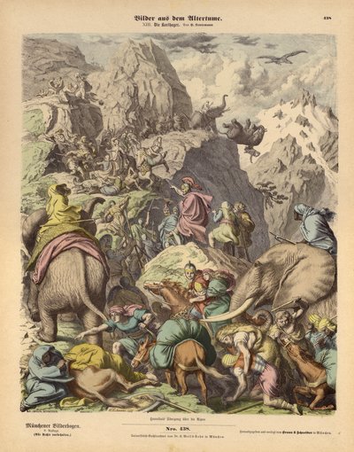 Hannibal liderando o exército cartaginês sobre os Alpes (gravura colorida) de Heinrich Leutemann